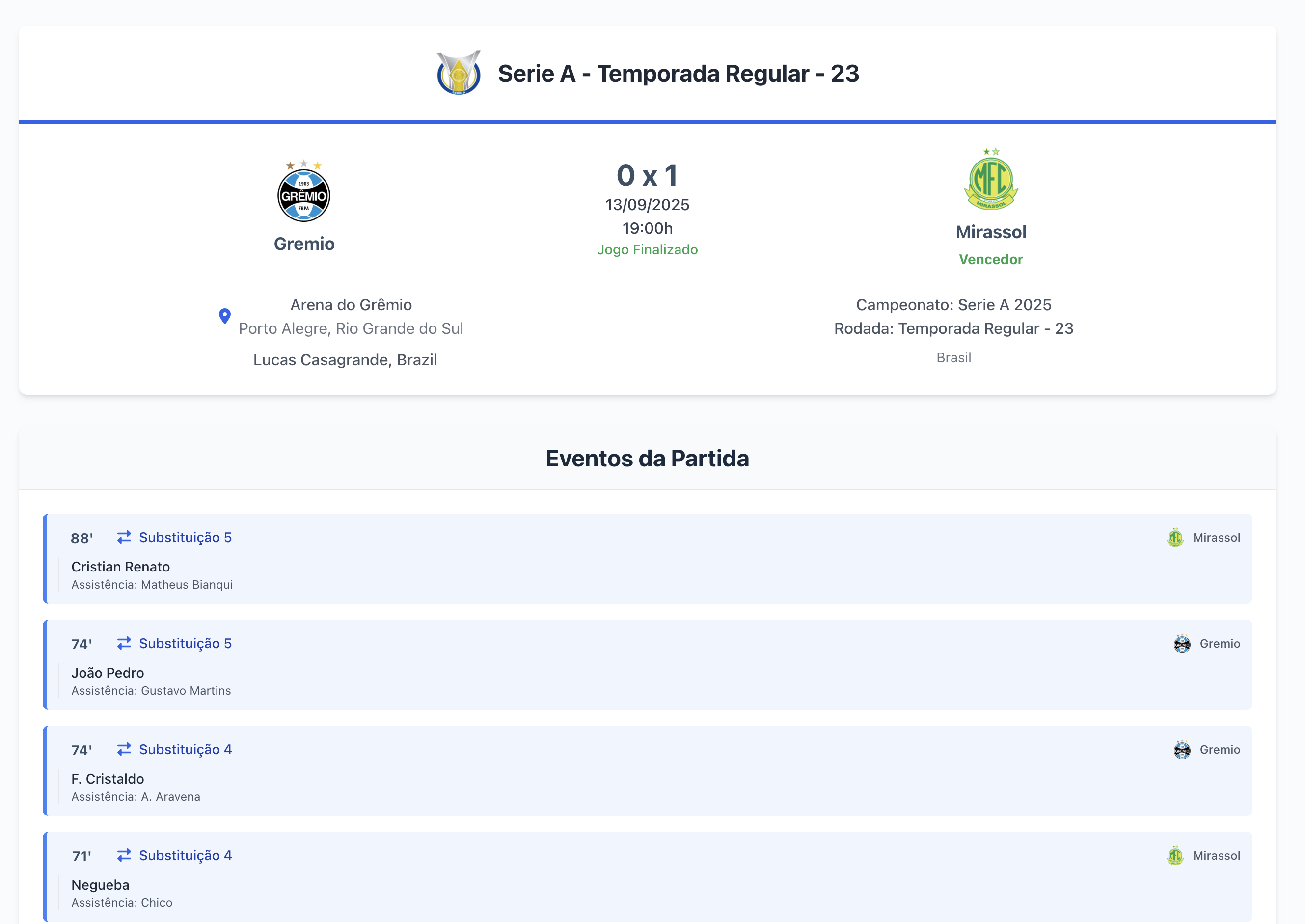 Exemplo de página de acompanhamento ao vivo