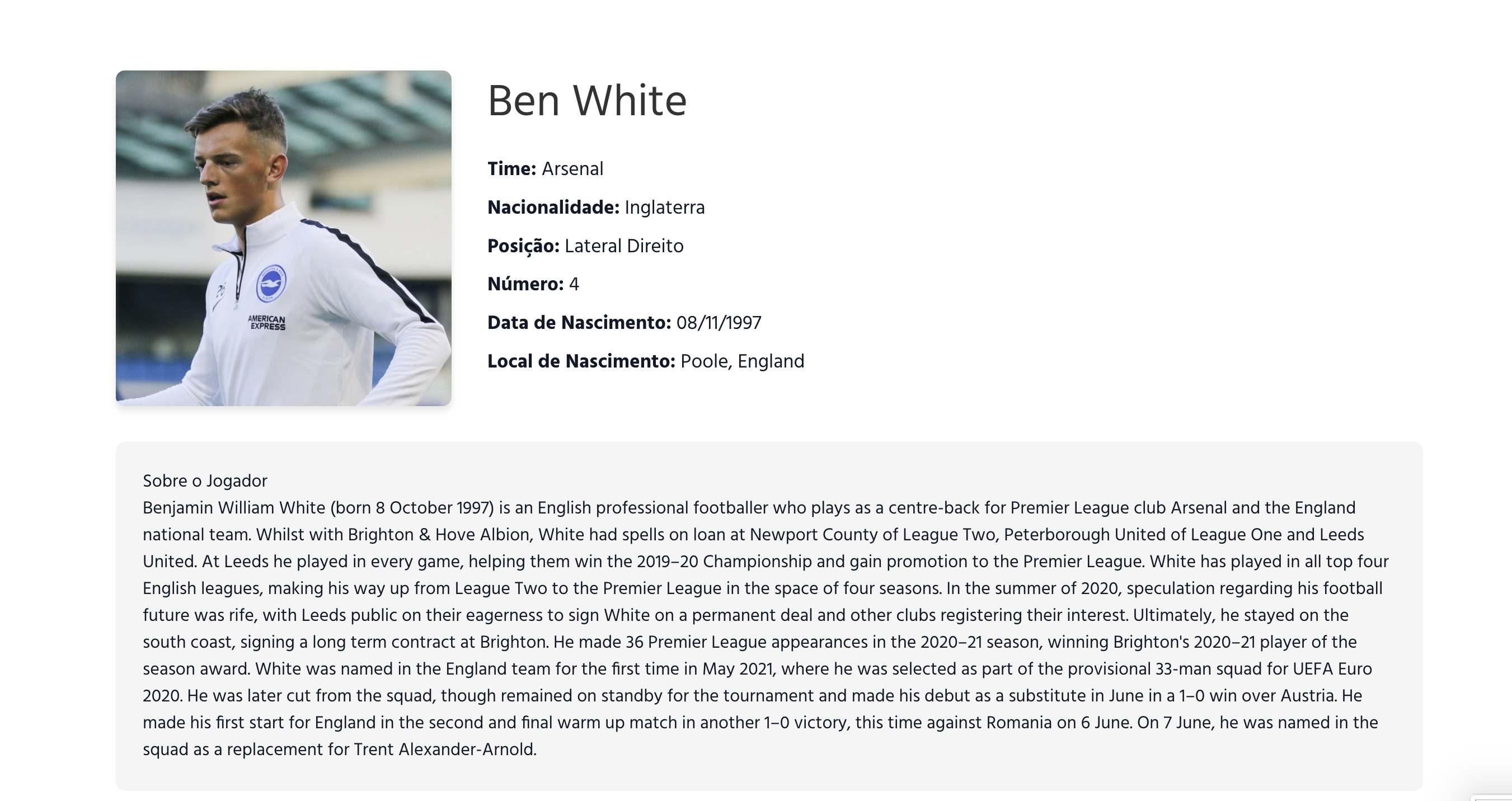 Exemplo de página do jogador