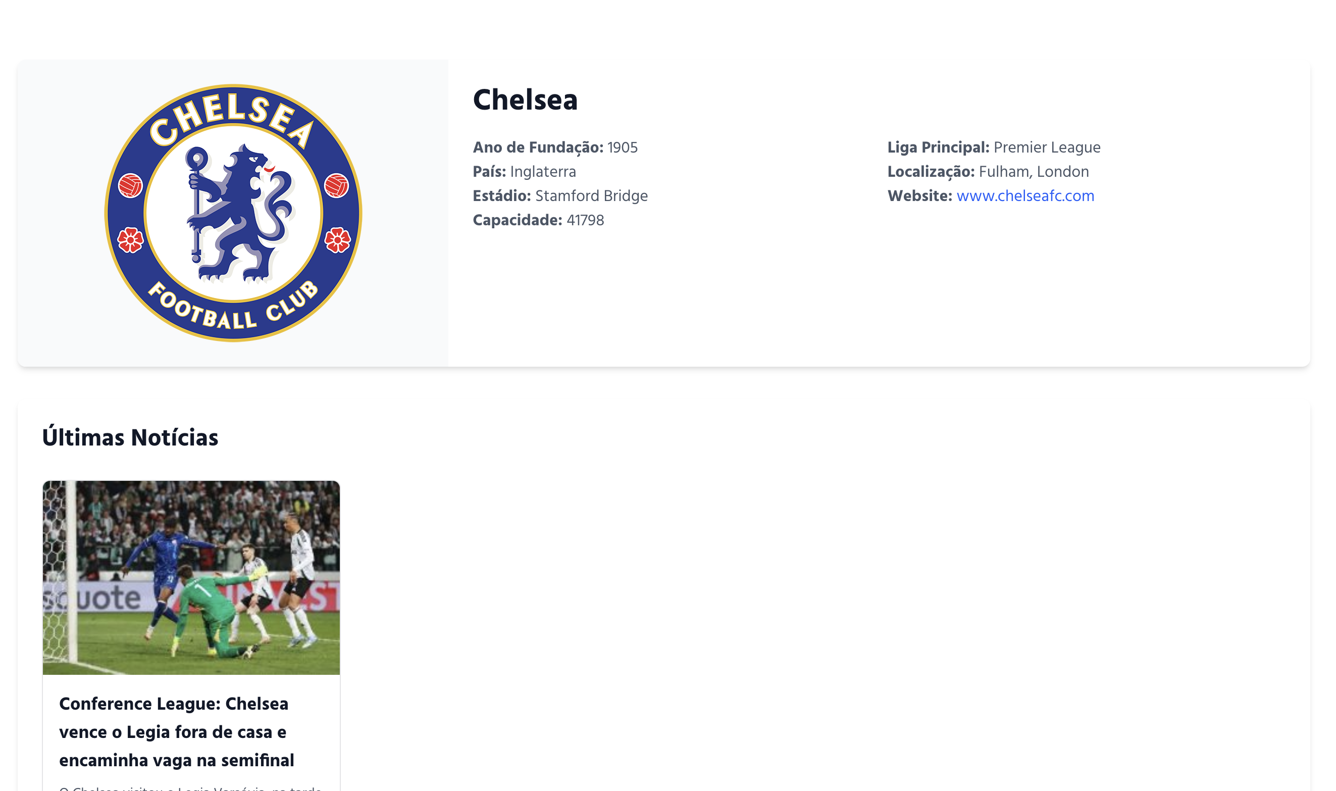 Exemplo de página de time